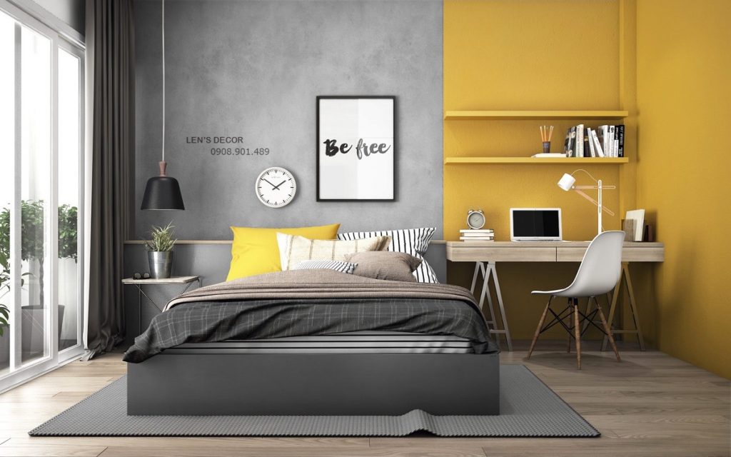Cách trang trí phòng ngủ màu xám và điểm nhấn nẹp trang trí màu vàng